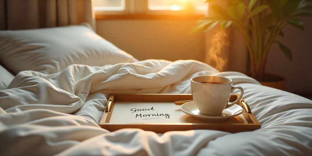 Cozy morning bedroom with sunrise light, breakfast tray, coffee, and a handwritten good-morning note.