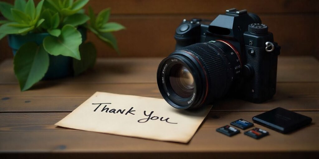 Photography equipment with a thank-you card expressing appreciation for a photographer’s skill and dedication.