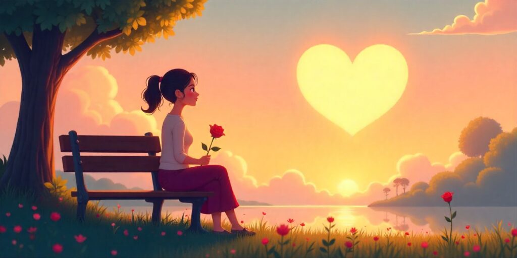 Woman holding a rose on a bench looking at a glowing sky symbolizing her late husband.