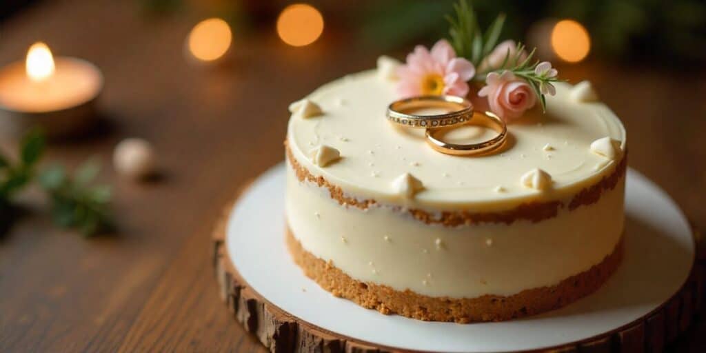 Belated wedding anniversary wishes image with cake and rings.