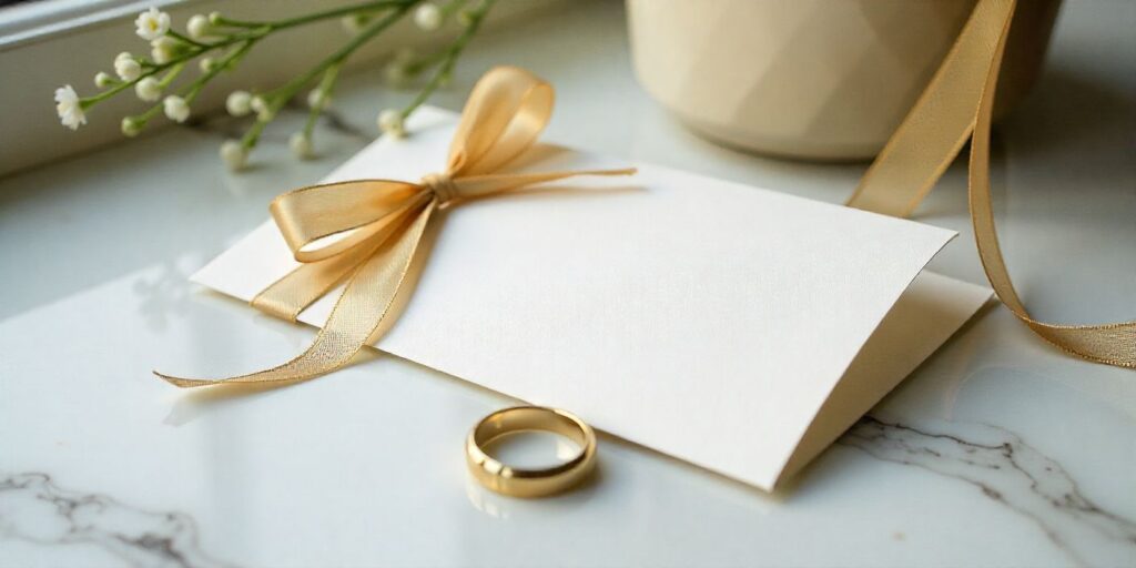 Belated wedding wishes concept with card and wedding rings.
