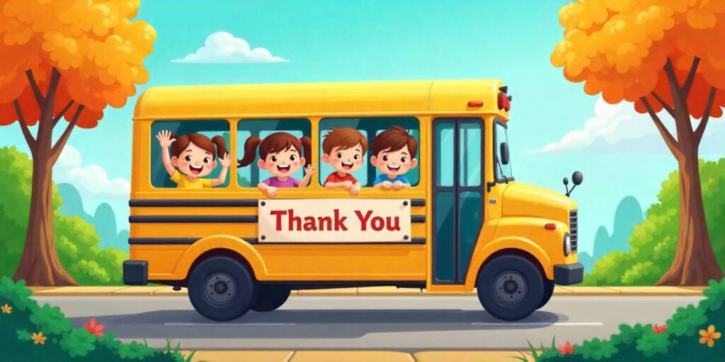Thank you messages for bus driver with cheerful school bus and children waving