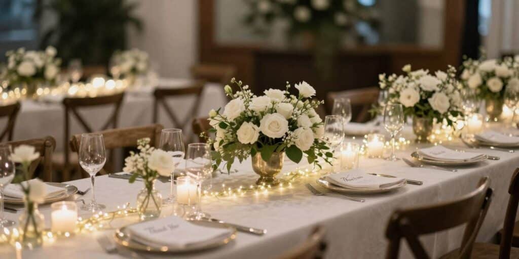 Thank you messages for wedding guests with elegant wedding table and thank you cards
