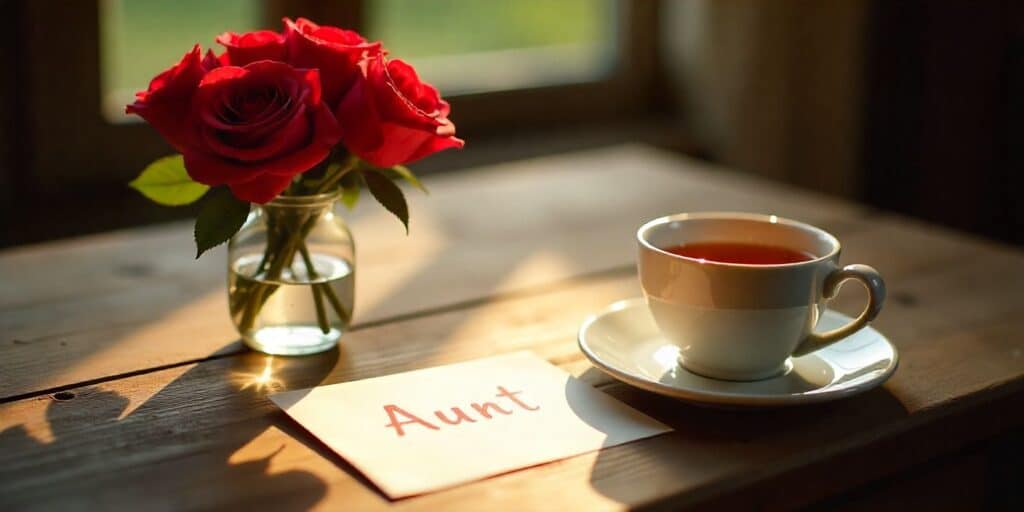 Valentine messages for aunt with roses, handwritten card, and cozy table setting