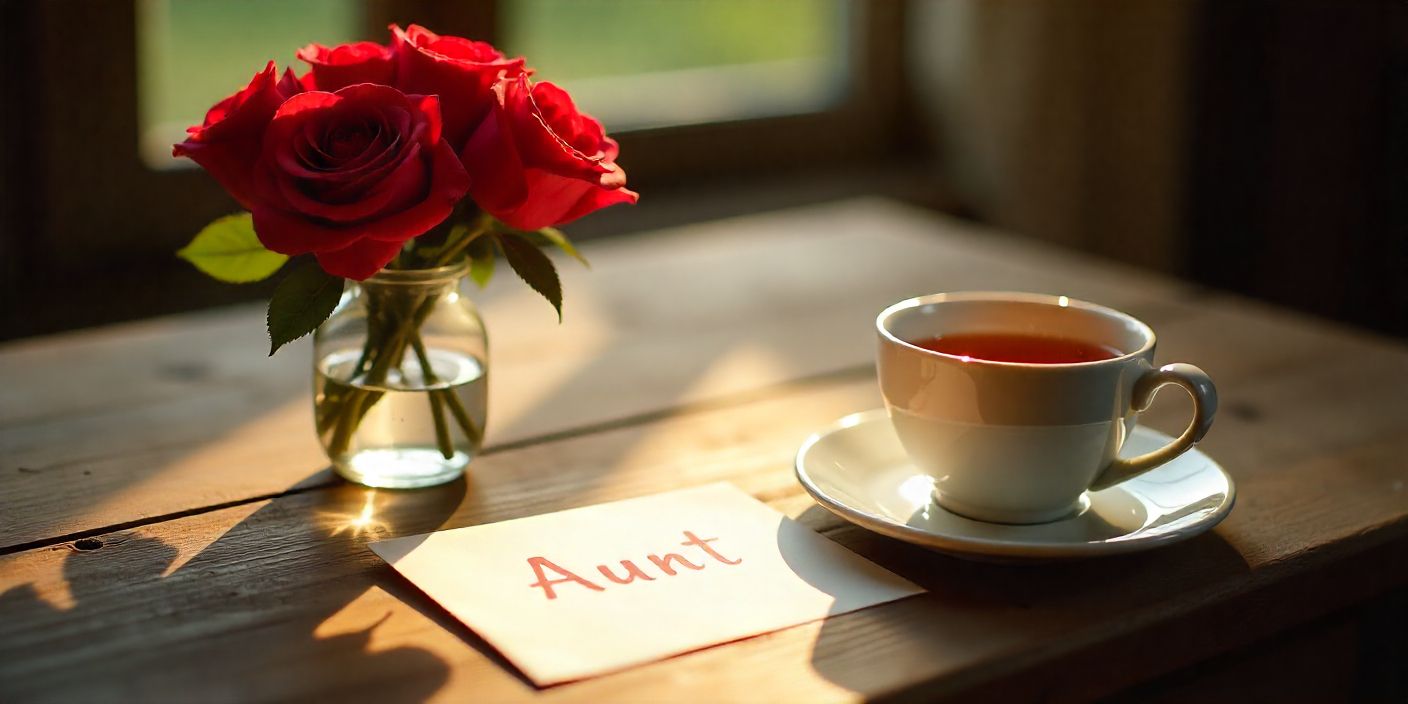 Valentine messages for aunt with roses, handwritten card, and cozy table setting