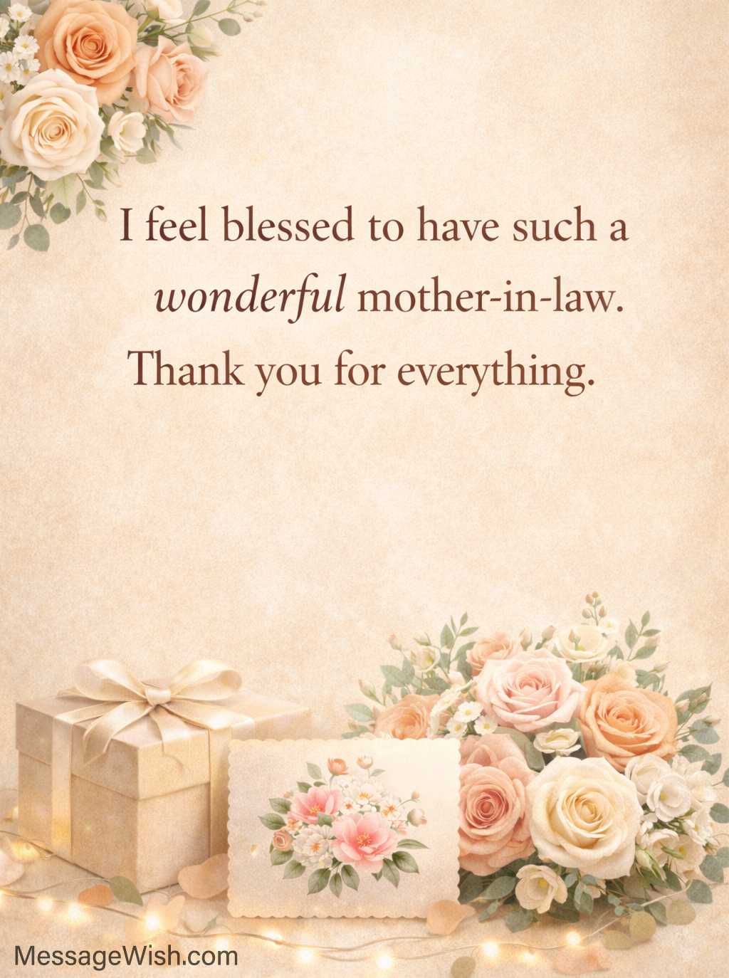 short thank you messages for mother-in-law with elegant flowers and gifts.