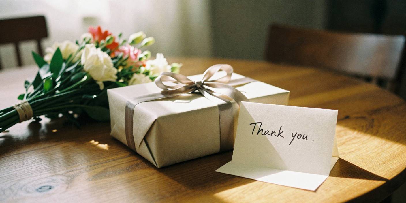 Thank you messages for mother-in-law with gift box, flowers, and heartfelt thank you card.