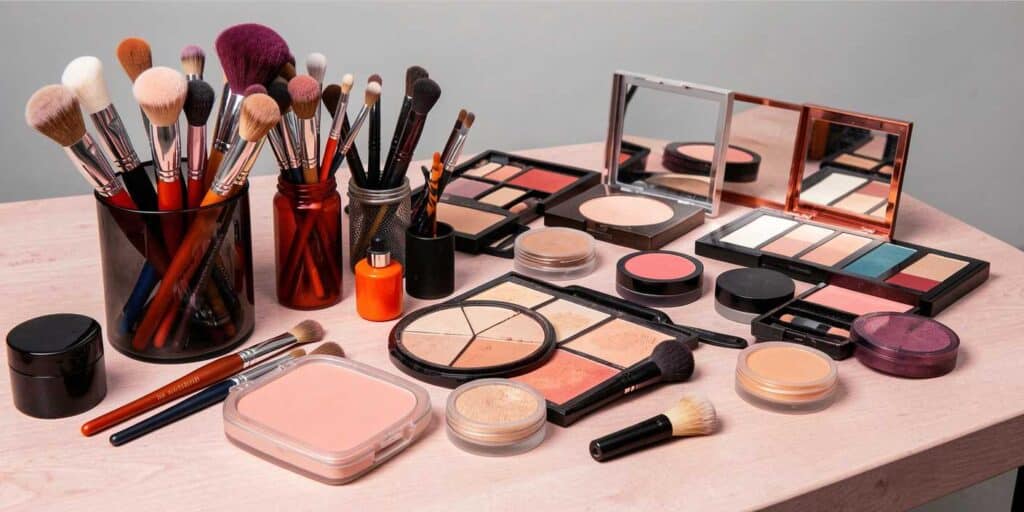Professional makeup artist workspace with colorful palettes and brushes, showcasing skill and artistry.