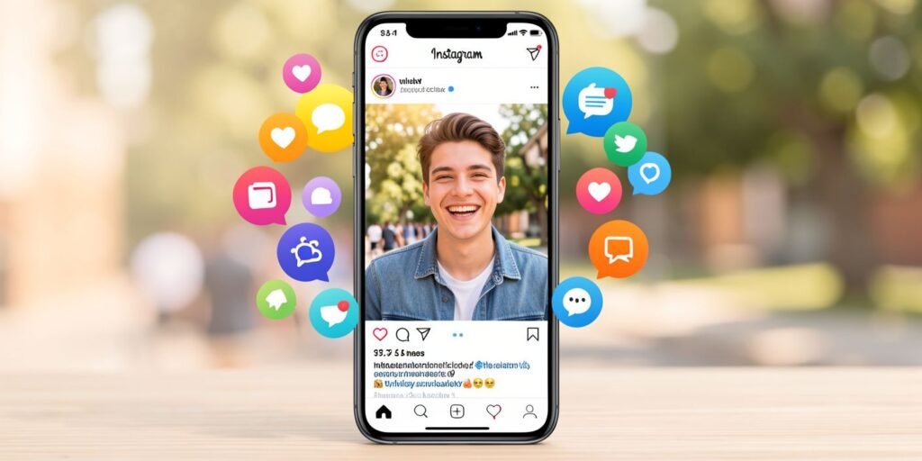 Smartphone showing Instagram post with positive comments and likes around a young man’s photo in a bright social media setting.