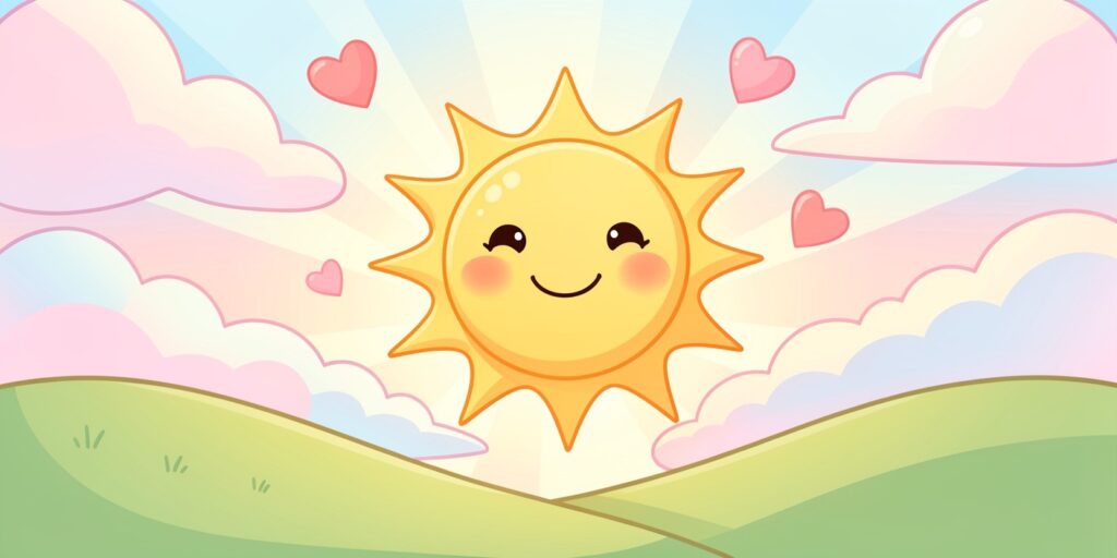 Cute cartoon sunrise with smiling sun, hearts, and warm rays representing positive good morning wishes for a new friend.