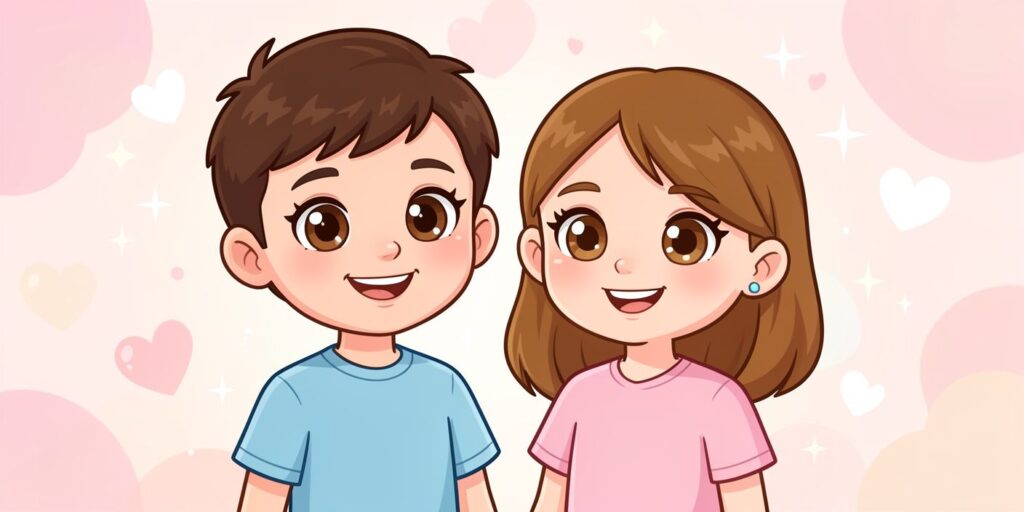 Cartoon boy and girl with big brown eyes and soft hearts highlighting compliments about beautiful brown eyes.