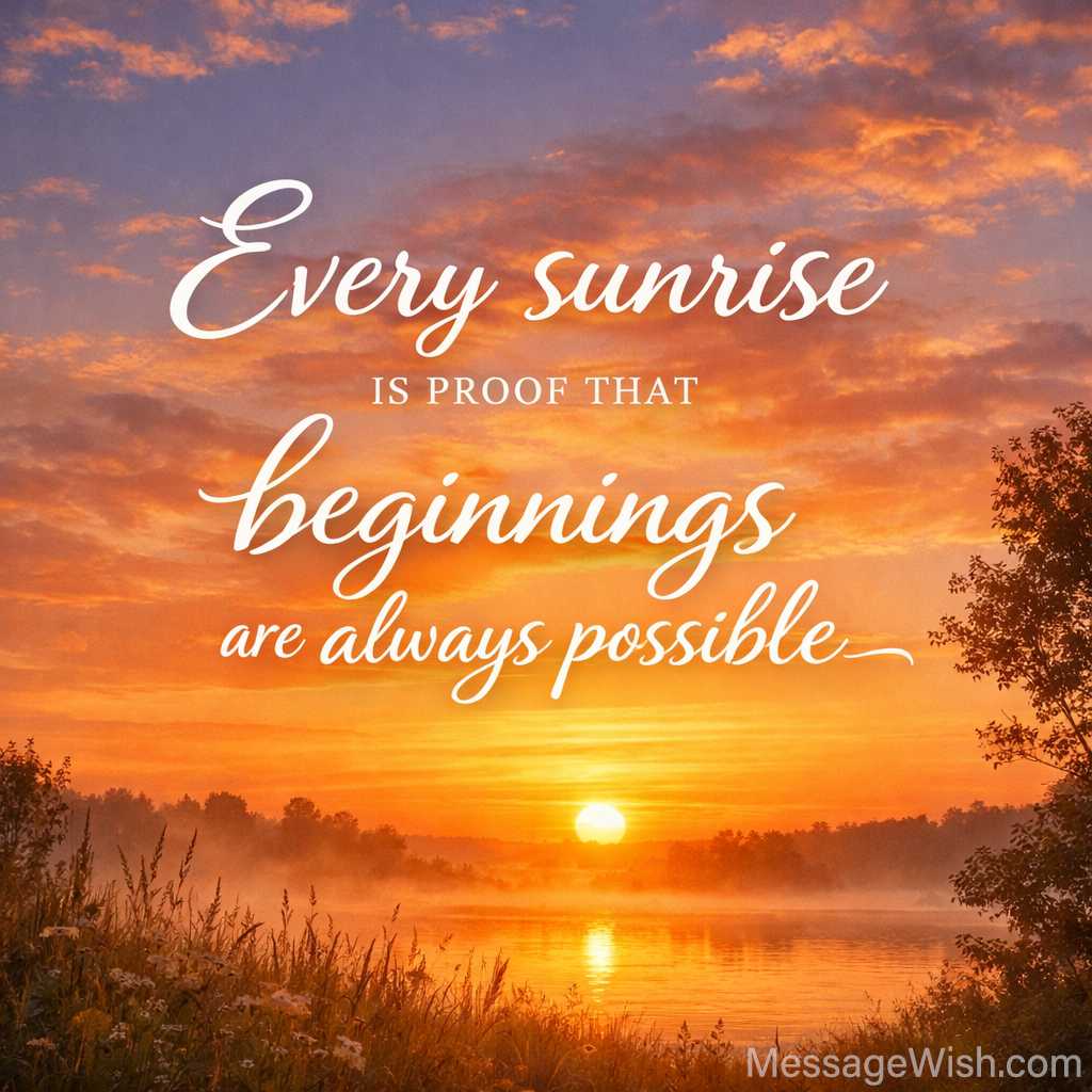 Beautiful dawn inspiration – Inspirational Good Morning Messages for Motivation with golden sunrise and positive new beginnings quote.