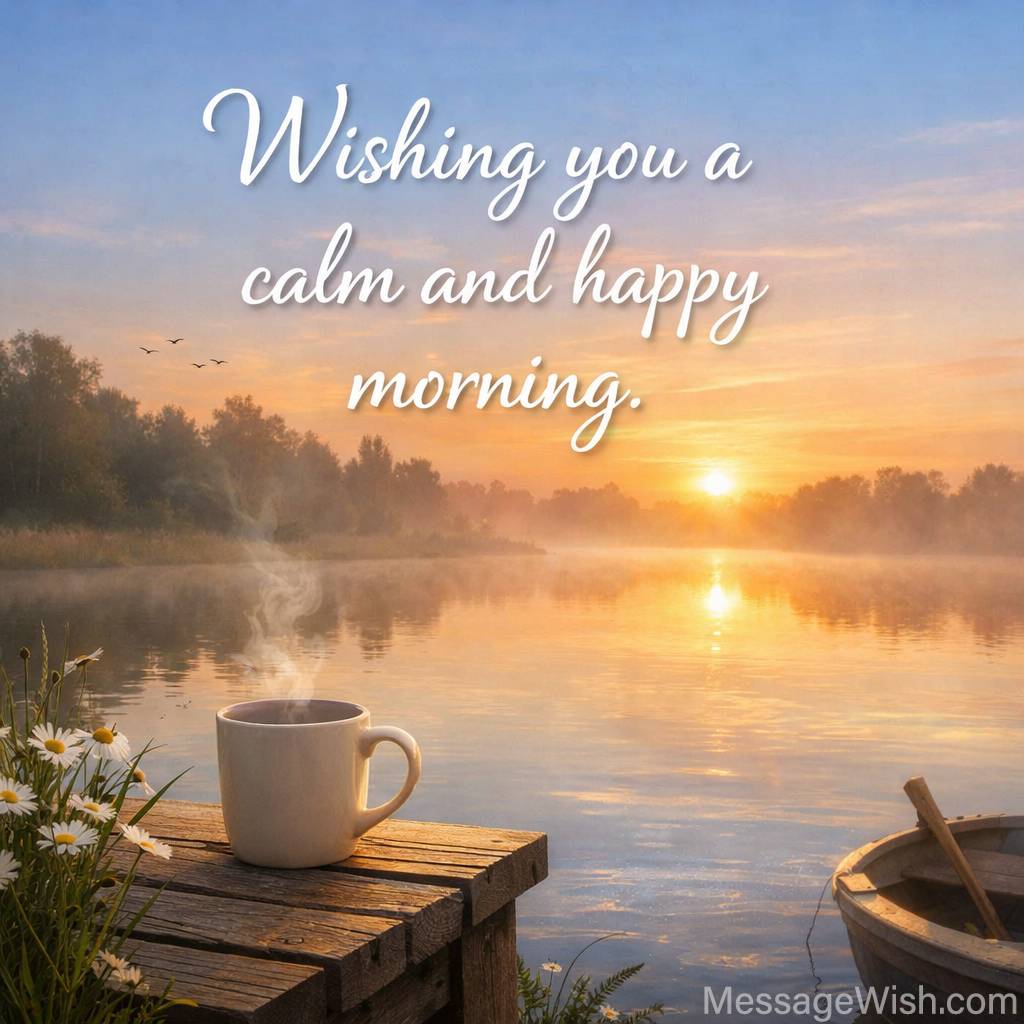 Soft sunrise vibes with coffee by the lake – Short and Simple Good Morning Texts inspiring a calm and peaceful start to your day.