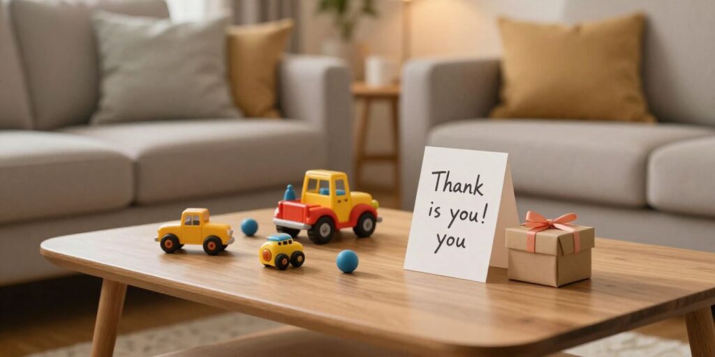 Thank you card and gift on a table with children’s toys in a cozy home setting expressing appreciation for a babysitter.