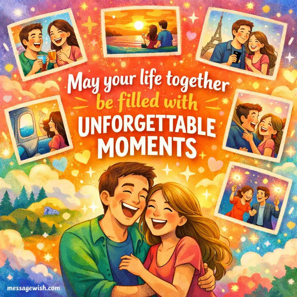 Colorful illustrated scene of a couple surrounded by glowing memories representing joyful shared experiences and a quote about unforgettable moments in marriage