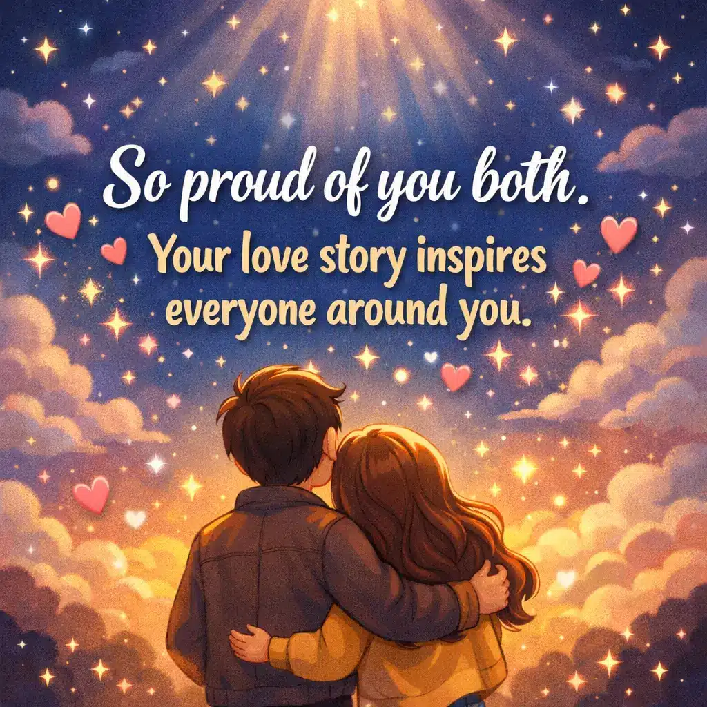 Soft cartoon-style illustration of a couple under a glowing sky expressing admiration and inspiration with a wedding quote about a love story inspiring others