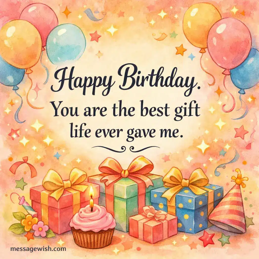 Watercolor birthday quote illustration with pastel balloons and gifts featuring a loving birthday message calling a daughter the best gift in life.
