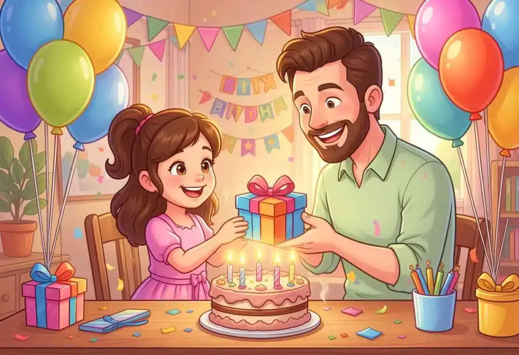 Father celebrating young daughter's birthday with cake balloons and gifts at home