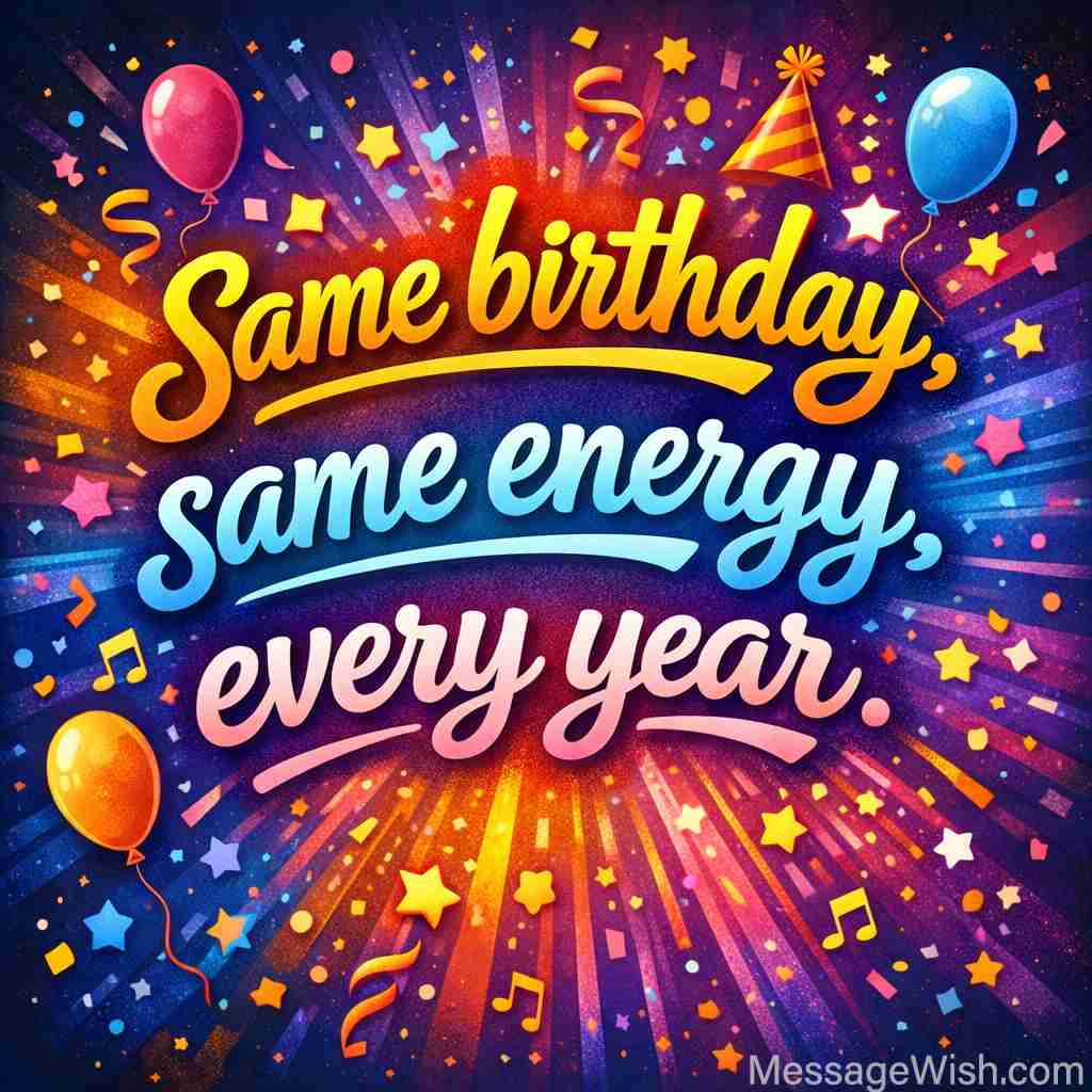 Festive balloons and cake illustration celebrating Short Birthday Wishes for Someone With Same Birthday message. 