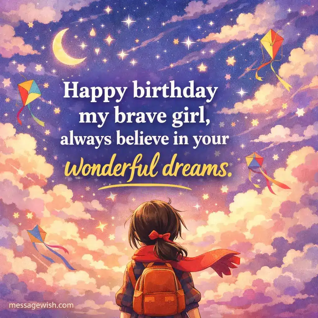 Whimsical illustrated birthday scene with stars and dreamlike sky highlighting encouragement for a brave daughter to believe in her dreams.