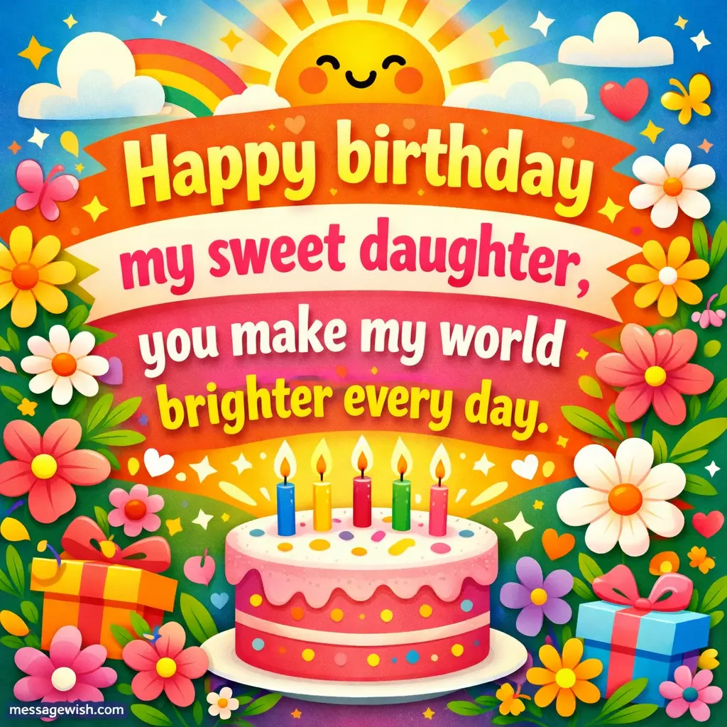 Bright flat-design birthday quote image with flowers, sunshine, and cake symbolizing how a sweet daughter brings light and happiness every day.