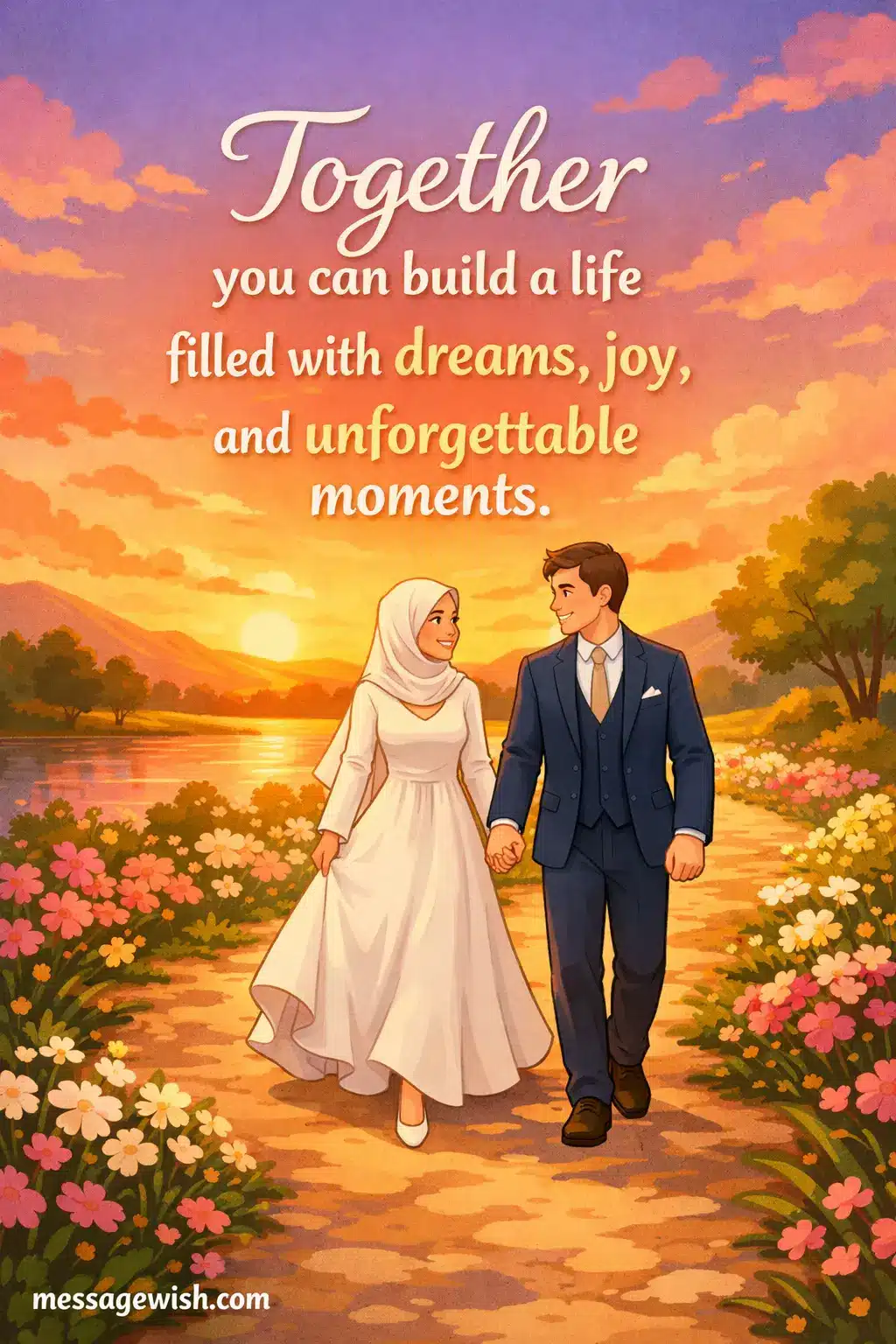 Inspirational marriage quote image featuring an illustrated couple walking together at sunset symbolizing building a life full of dreams, joy, and unforgettable moments.