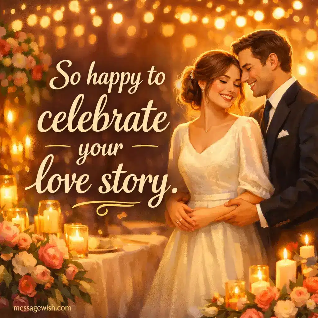 Joyful wedding reception quote image with illustrated bride and groom celebrating a beautiful love story in warm elegant lighting.