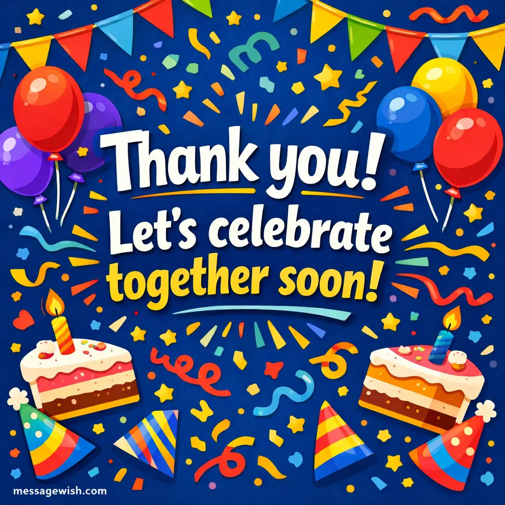 Festive party-themed illustration with confetti and decorations celebrating gratitude and planning to celebrate together soon