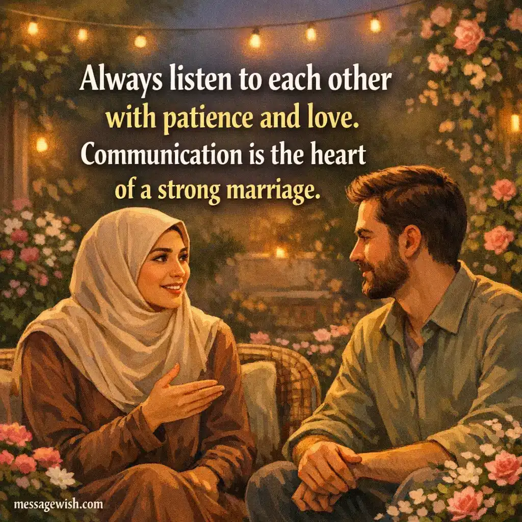 Marriage advice quote graphic showing an illustrated couple talking peacefully in a garden highlighting the importance of patience, love, and communication in a strong relationship.