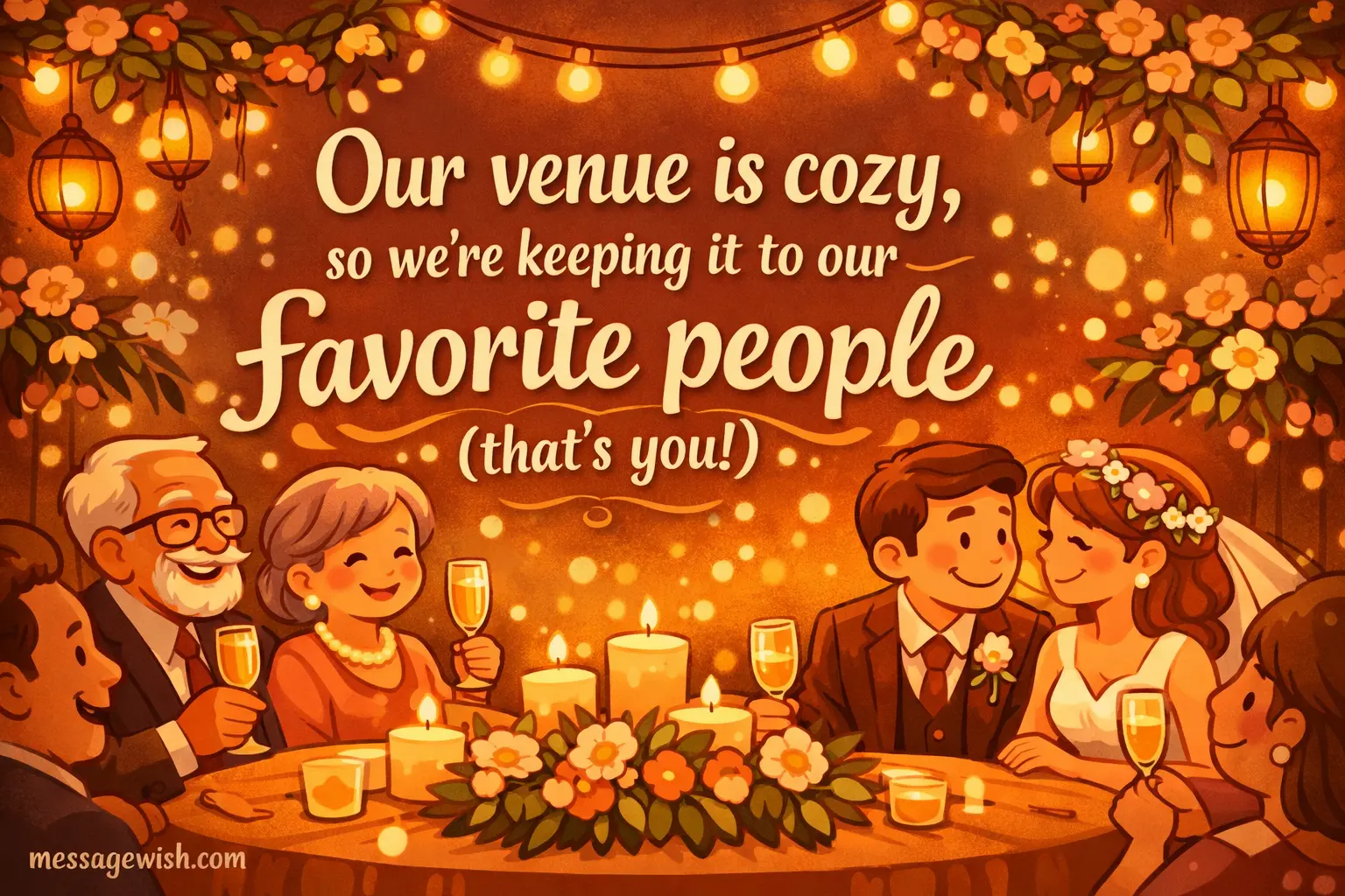 Cozy illustrated wedding gathering scene expressing warmth and intimacy while sharing a friendly message about keeping the guest list small.