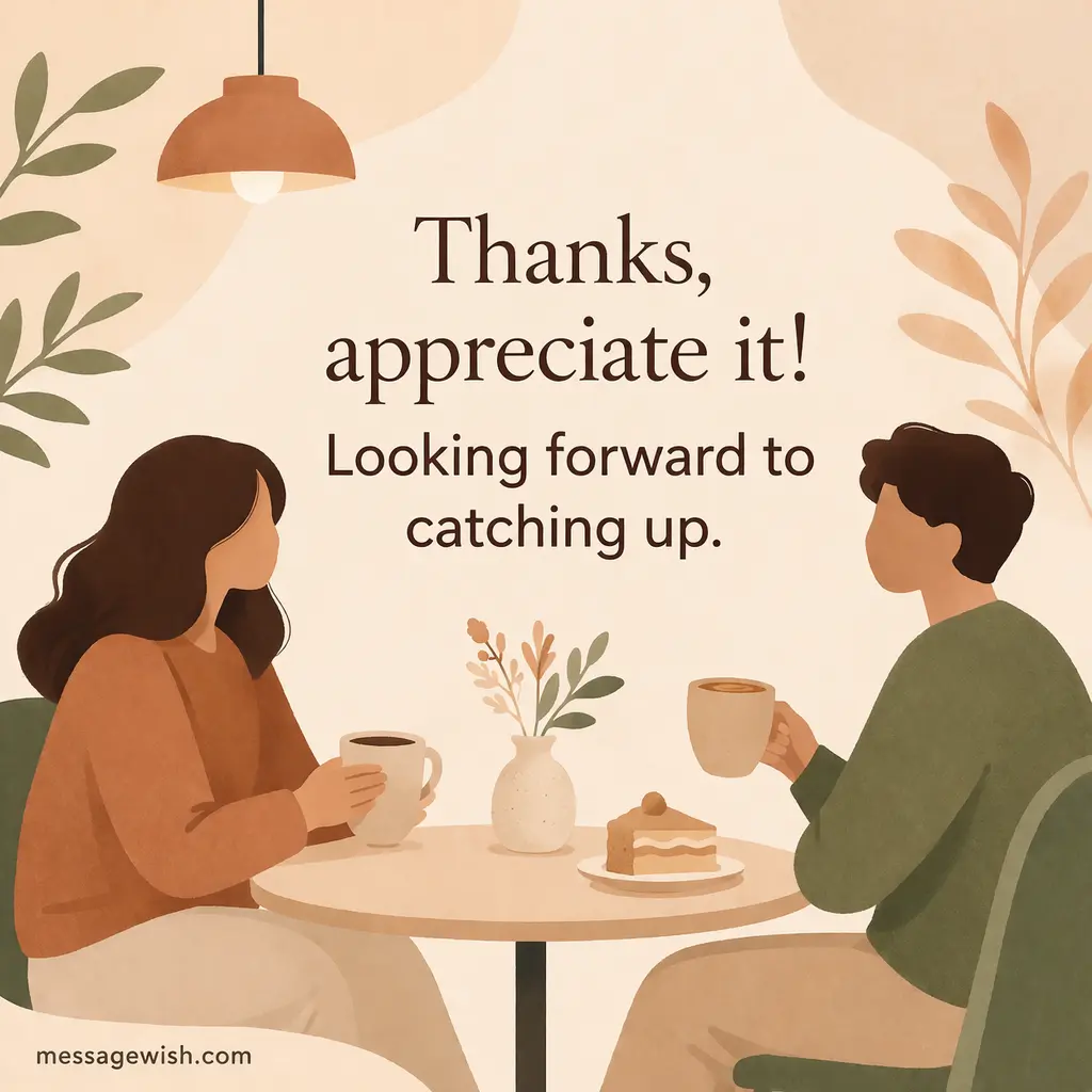 Minimal cozy café illustration representing appreciation and excitement about reconnecting after birthday wishes