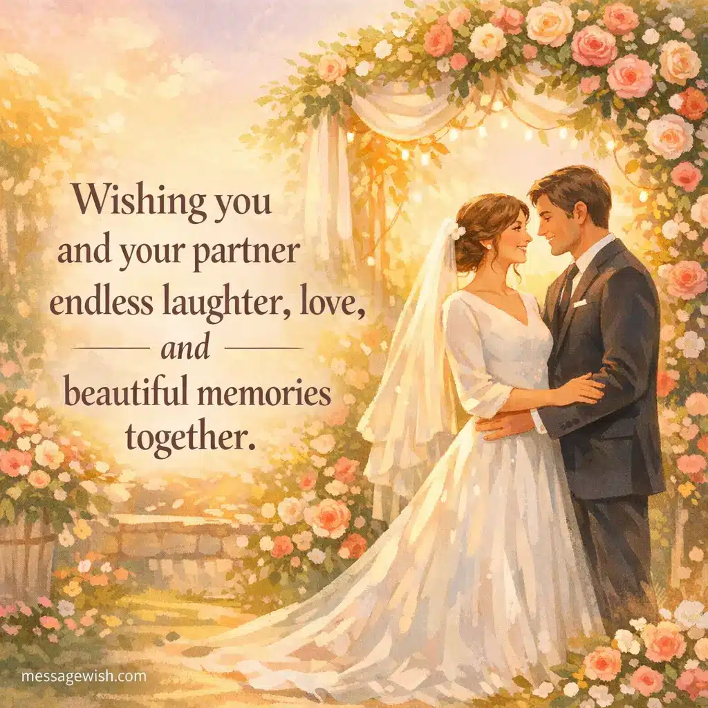 Romantic wedding quote image showing an illustrated bride and groom celebrating together with the message wishing endless laughter, love, and beautiful memories for a happy married life.
