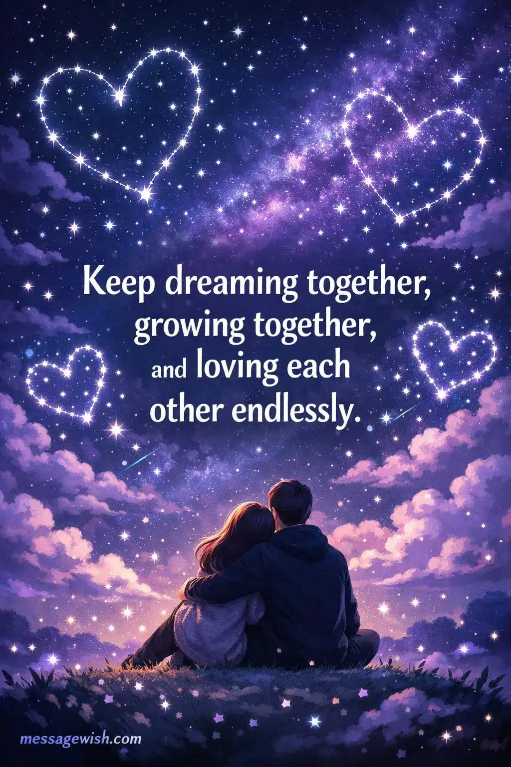 A dreamy night sky illustration with a couple under stars and glowing hearts, expressing endless love, dreams, and togetherness in a romantic anniversary message.