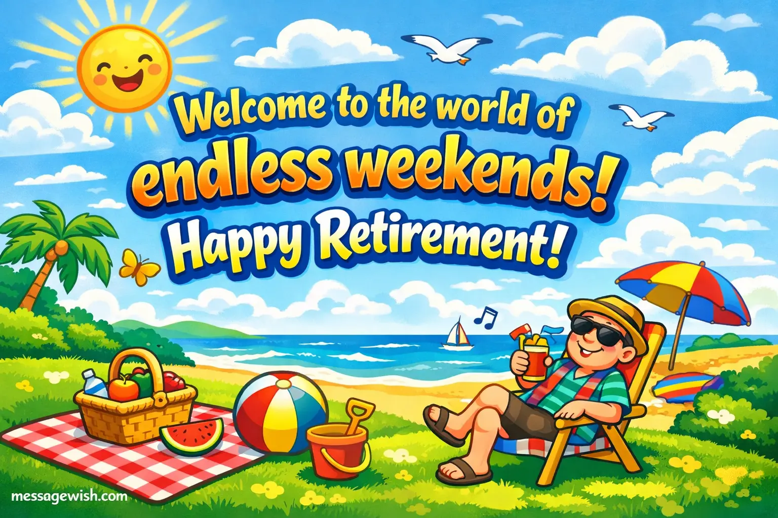 A bright playful beach-style illustration capturing the excitement of endless weekends and the carefree lifestyle of retirement.