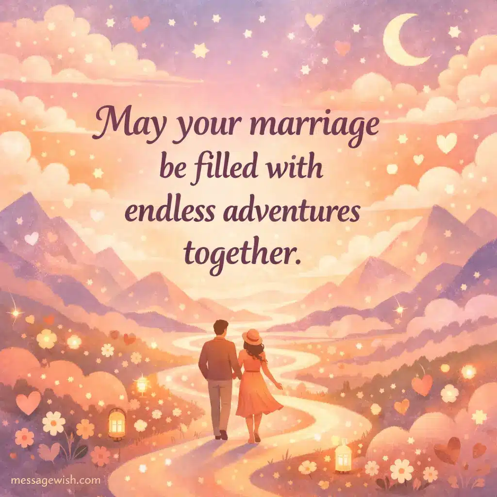Whimsical illustrated couple walking through a dreamy landscape symbolizing lifelong love and adventure with a wedding quote about endless adventures together