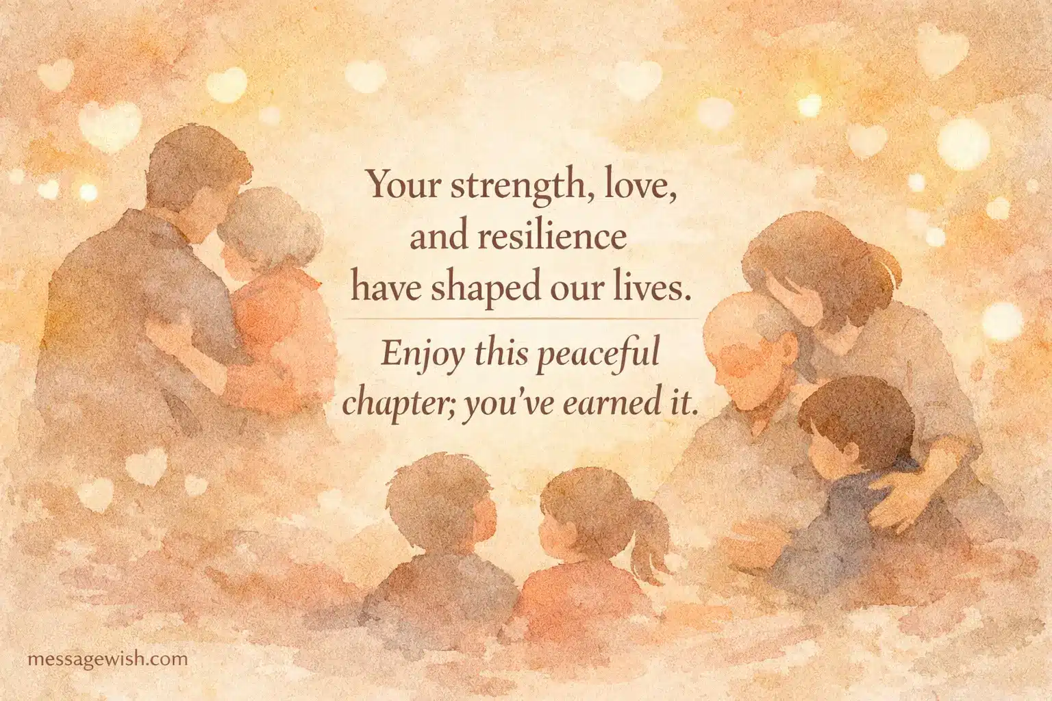 A warm family-themed watercolor illustration showing appreciation and gratitude, highlighting love, strength, and a peaceful retirement phase.