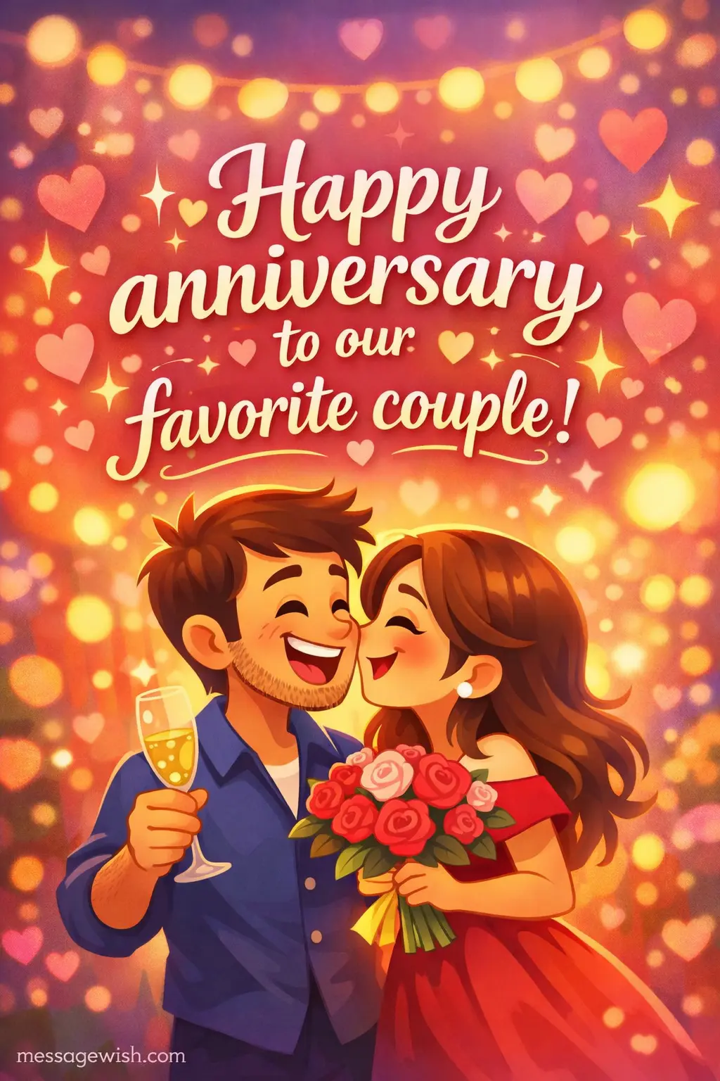 A colorful cartoon-style anniversary image showing a happy couple with hearts and glowing elements, featuring a joyful quote celebrating a favorite couple's love and happiness.