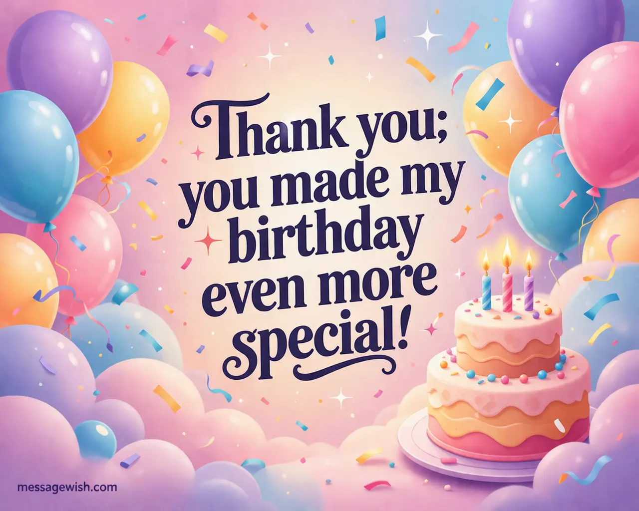 Colorful illustrated birthday scene with balloons and cake expressing gratitude and appreciation for making a birthday special
