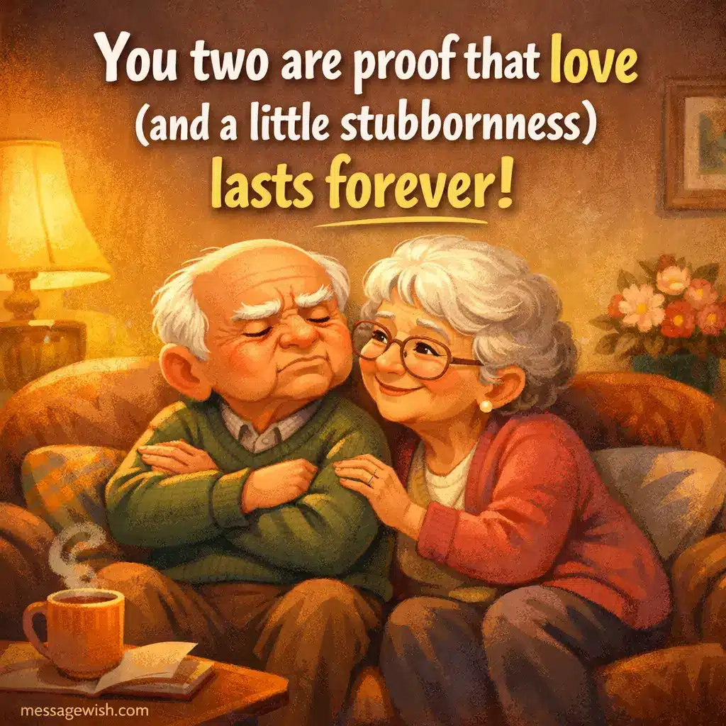 Playful elderly couple expressing humor and stubborn love in a warm home setting with a quote about lasting relationships