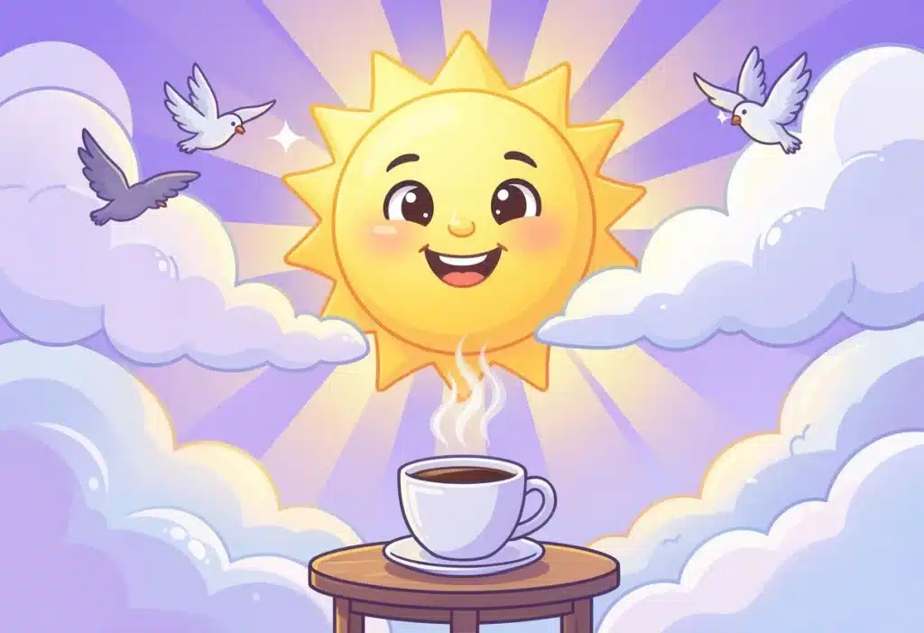Cartoon sunrise with coffee cup, birds, and warm rays representing cheerful good morning messages for WhatsApp.