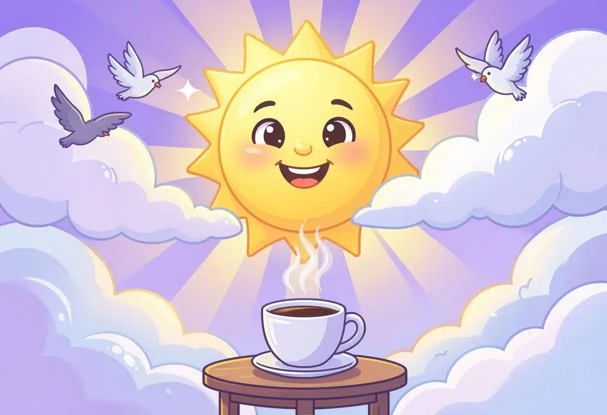 Cartoon sunrise with coffee cup, birds, and warm rays representing cheerful good morning messages for WhatsApp.