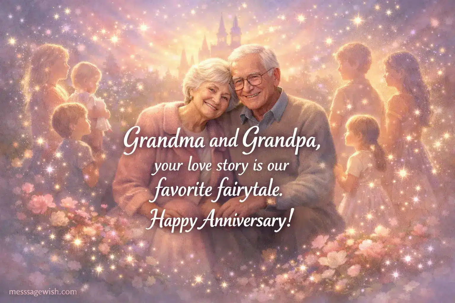 Grandparents surrounded by a magical fairytale atmosphere representing their inspiring love story and family admiration