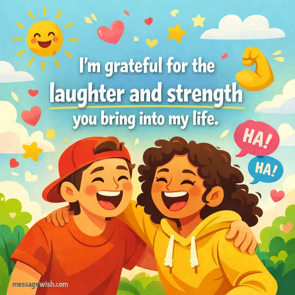 A bright cartoon-style image of friends laughing together symbolizing gratitude for joy and emotional support.