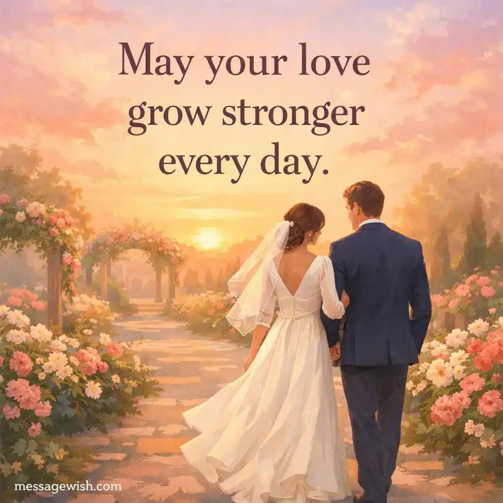 Romantic sunrise wedding scene with illustrated newlywed couple symbolizing love growing stronger every day in a social media quote design.