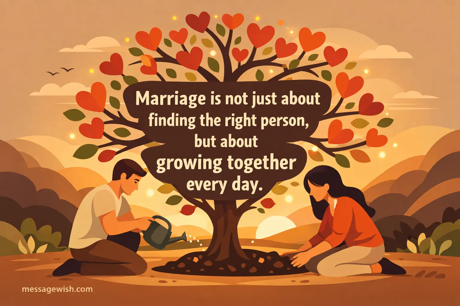 Minimal vector illustration of a couple nurturing a growing tree symbolizing love and growth with a meaningful quote about growing together in marriage