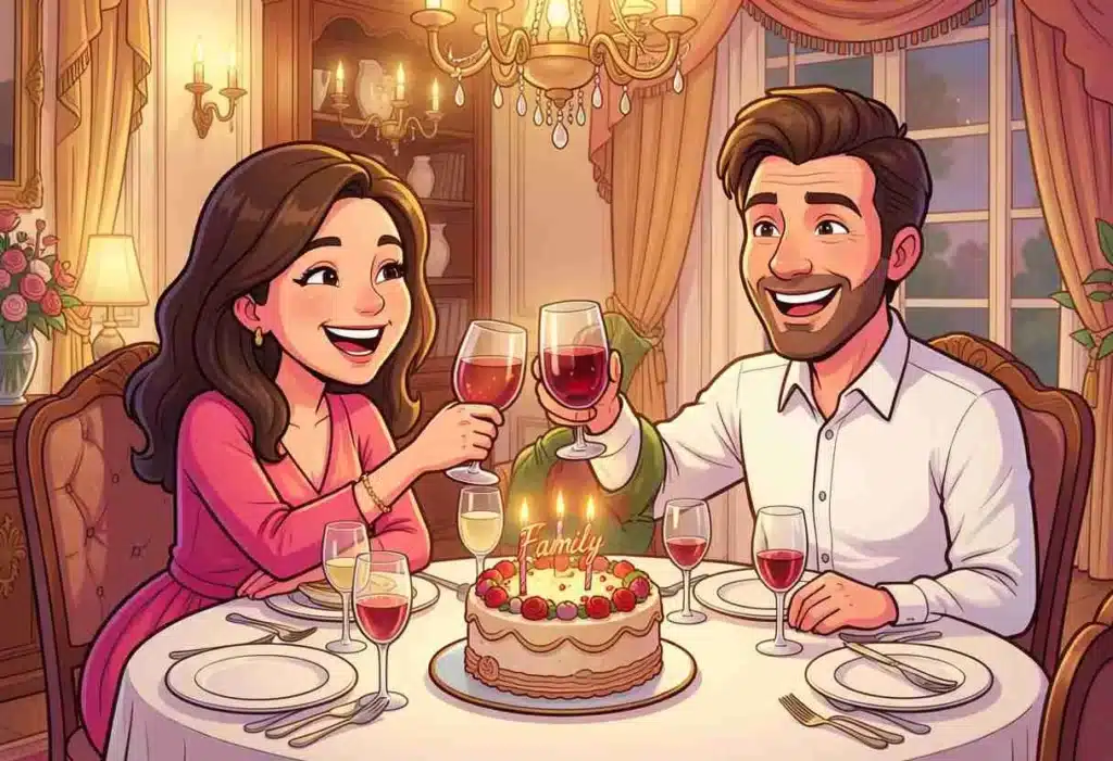 Family celebrating wedding anniversary for daughter and son in law with cake and toast