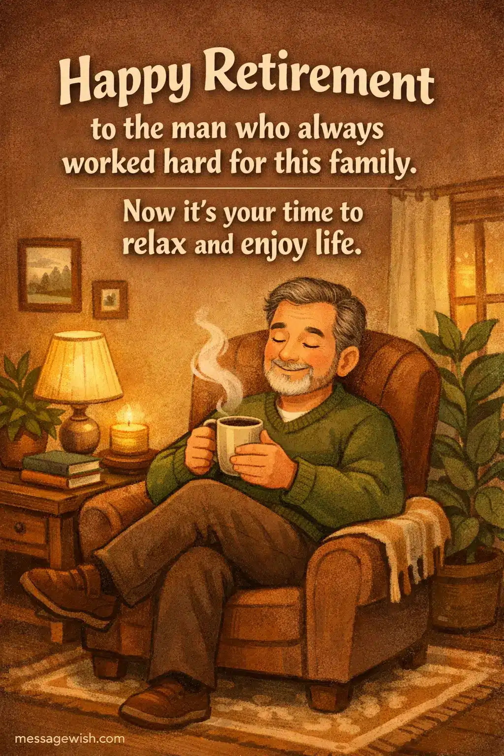A cozy cartoon scene of a hardworking father relaxing at home, celebrating his dedication and encouraging him to enjoy retirement life.