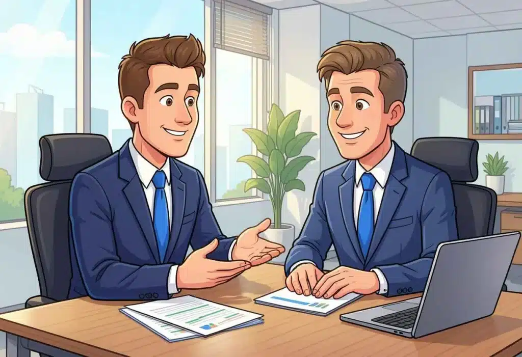 Professional salary negotiation meeting between male employee and employer in modern office environment