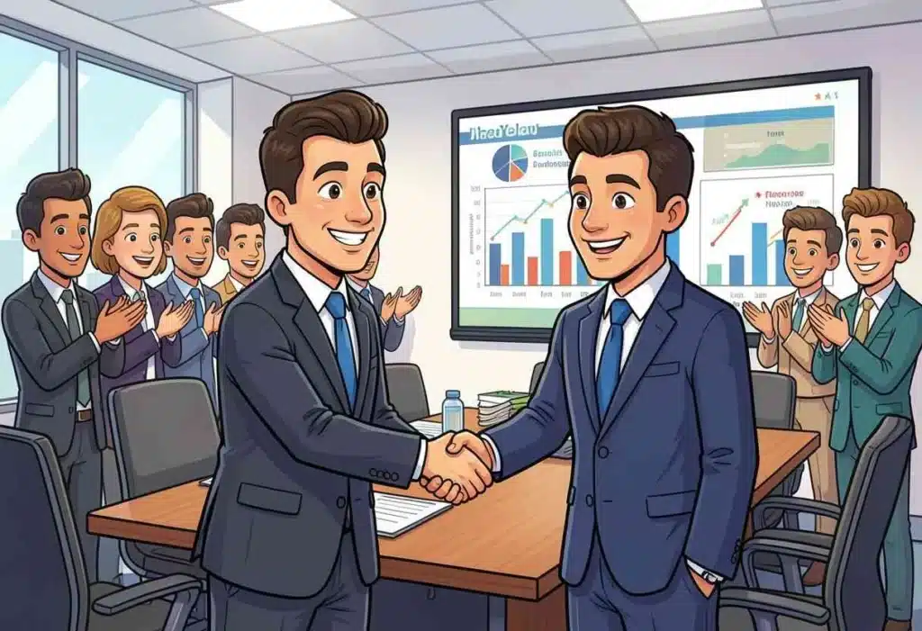 Manager congratulating employee for excellent work in professional office meeting
