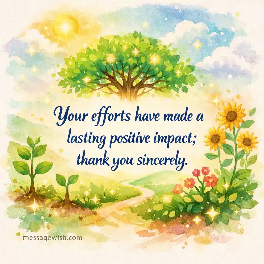 A watercolor-style illustration of growing plants symbolizing long-term positive impact with a heartfelt thank you message for meaningful contributions.